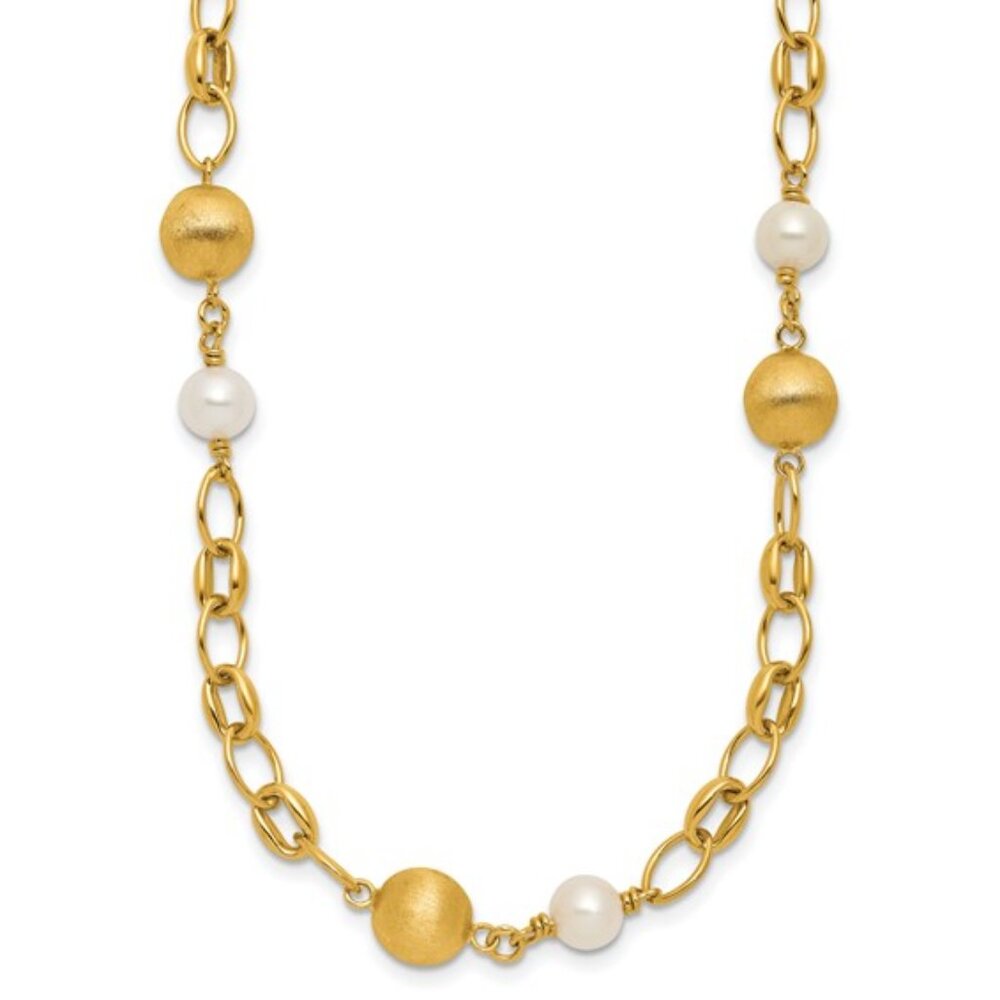 Herco Real 14k Yellow Gold Brushed Beaded FWC Pearl Link, 20.5 in Necklace